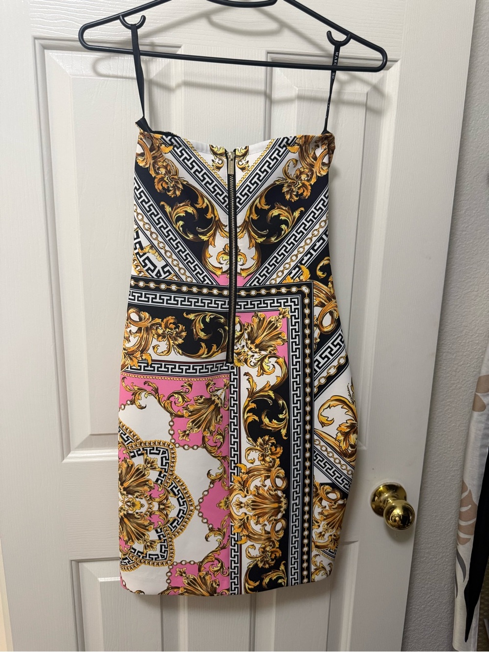 Marciano Pink, Black & Gold Baroque Strapless Bodycon Dress